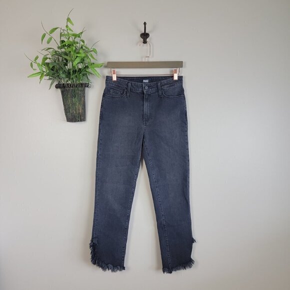 Paige 27 Hoxton Straight Leg Ankle Black Moonlight Fog Side Frayed Cropped Jeans - Picture 2 of 16